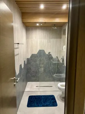 a bathroom with a shower and a toilet with a blue rug at smgold lux apartman in Podgorica