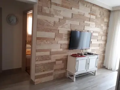 a room with a stone wall with a tv on it at APARTMAN PAVLE in Petrovac na Moru
