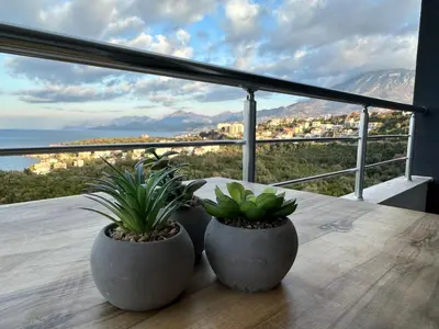 two potted plants sitting on a table on a balcony at sunsetmontenegro in Utjeha