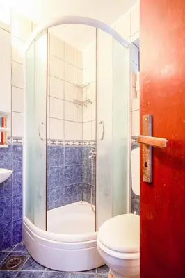 a bathroom with a shower with a toilet in it at Apartment More - Konoba More in Pržno