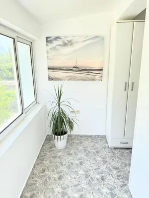 a white hallway with a potted plant and a window at Anchor 23 in Kotor