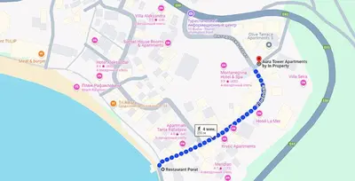 a map of a city with a blue line at Status-M Apartments Aura in Becici