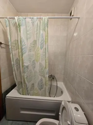a bathroom with a shower curtain with a toilet at Laki Apartment in Podgorica
