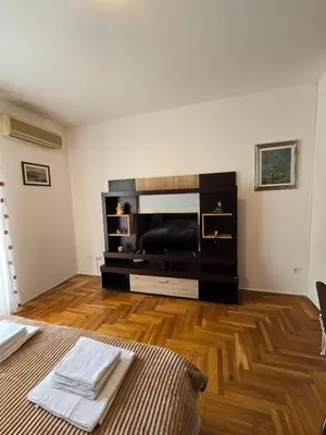 a living room with a flat screen tv on a wall at Laki Apartment in Podgorica