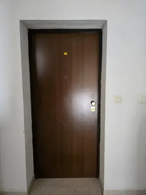 a brown door with a light on it in a building at Laki Apartment in Podgorica