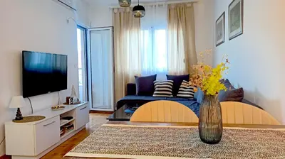 a living room with a television and a vase with flowers at Budva City De Lux in Budva