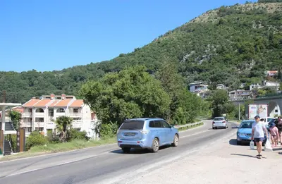 a blue car parked on the side of a road at Magnolia rooms and apartments in Sutomore