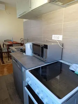 a kitchen with a microwave on top of a counter at Plaza Centar Podgorica in Podgorica