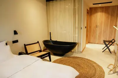 a bedroom with a black bath tub and a bed at Hotel 1920 in Podgorica