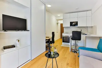 a living room with a couch and a tv at Apartments Centar Montesun in Budva