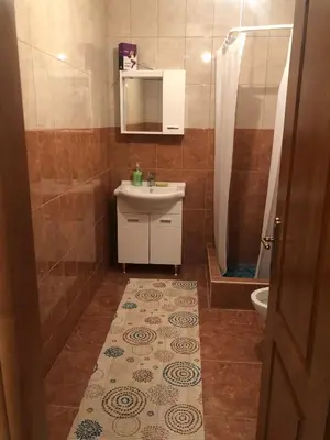 a bathroom with a sink and a shower and a toilet at Lina Apartment in Bar
