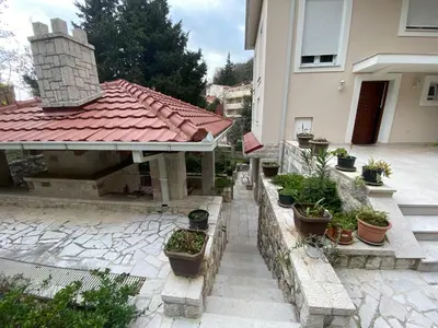 a house with potted plants sitting on a patio at Stone Villa Guesthouse in Budva