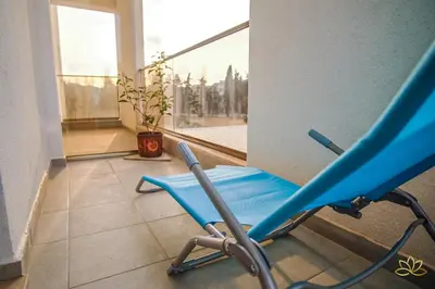 a blue chair in a room with a window at Apartment Lotus in Ulcinj