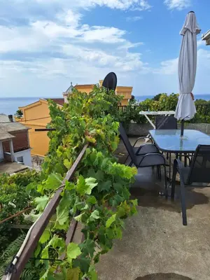 a patio with a table and chairs and an umbrella at Rudovic Apartments in Ulcinj