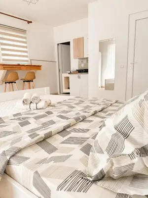a bedroom with a large bed with a geometric pattern at Lemon&Olives in Budva