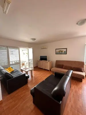 a living room with two couches and a television at Apartments Djuro in Petrovac na Moru