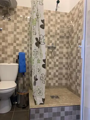 a bathroom with a toilet and a shower curtain at Mariyka Apartaments 2 in Sutomore