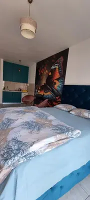 a bedroom with a bed with a butterfly painting on the wall at Nakiiii apartmanii in Podgorica
