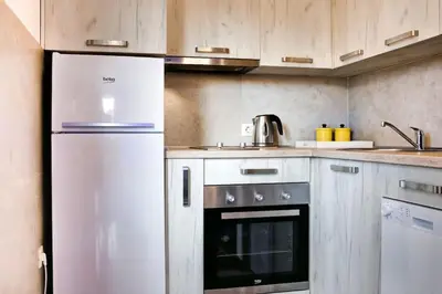 a kitchen with a refrigerator and a sink at Jasna's Old Town Apartment in Podgorica