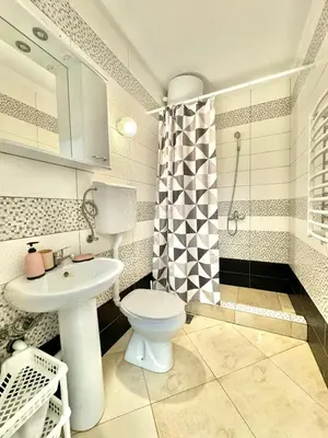 a bathroom with a toilet and a sink and a shower at STARS RESIDENCE in Petrovac na Moru