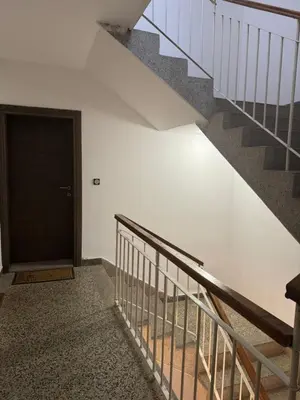 a stairway with a black door and a stair railing at Family two bedroom apartment Slavija in Budva