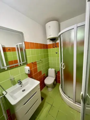 a green bathroom with a sink and a toilet at Apartments AriaSana-5m from the beach in Dobra Voda