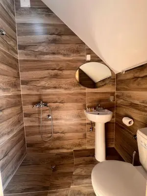 a bathroom with a toilet and a sink at Cozy bungallows in Podgorica