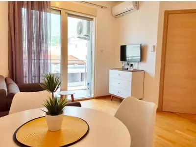 a living room with a table and chairs and a television at Apartmani More in Budva