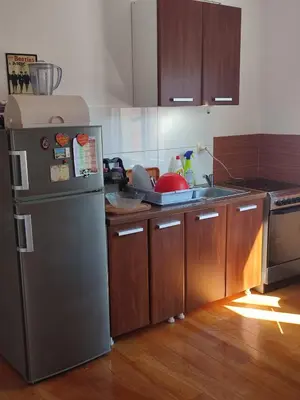 a kitchen with a stainless steel refrigerator and a sink at Apartman Fontana in Budva