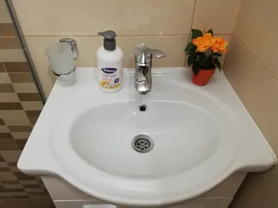 a white sink with a bottle of soap and flowers at Apartments Familia in Budva