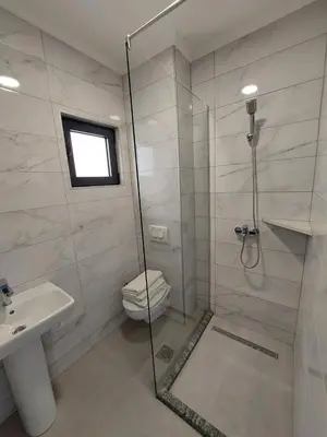 a bathroom with a shower and a toilet and a sink at Top Apartments in Dobra Voda
