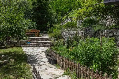 a garden with stairs and plants and a bench at Guest House Vrelo in Virpazar