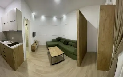 a living room with a green couch and a table at Apartments KinGs in Petrovac na Moru