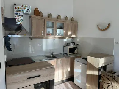 a kitchen with wooden cabinets and a microwave at Apartment 50 in Podgorica