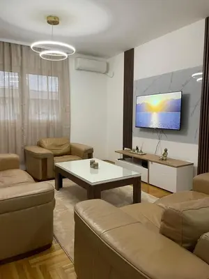 a living room with a couch and a tv at Royal in Podgorica