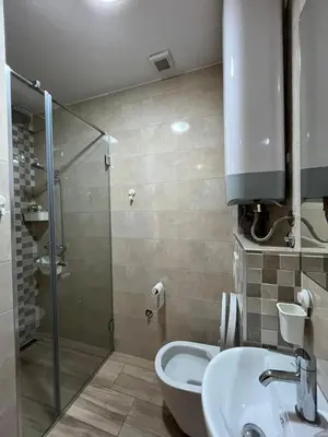 a bathroom with a shower and a sink and a toilet at Odmor u Podgorici. in Podgorica
