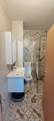 a bathroom with a toilet and a sink and a shower at Biserni Apartman 1 in Kotor