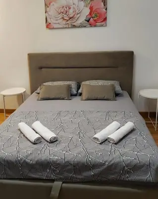 a bed with two pillows on it with two pillowsurrencyangering at Apartment Stefan in Budva