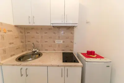 a small kitchen with a sink and a stove at Apartmani Stari Grad in Sutomore