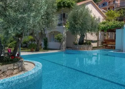a large swimming pool with trees and a house at Gala’s Miracle Garden in Budva