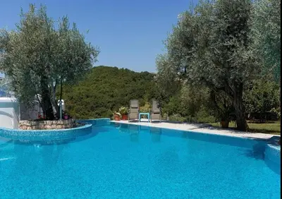 a large blue swimming pool with trees in the background at Gala’s Miracle Garden in Budva
