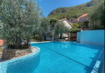 a large blue swimming pool with trees and a house at Gala’s Miracle Garden in Budva