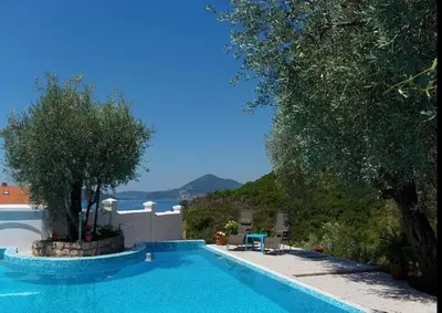 a swimming pool with a view of the water at Gala’s Miracle Garden in Budva