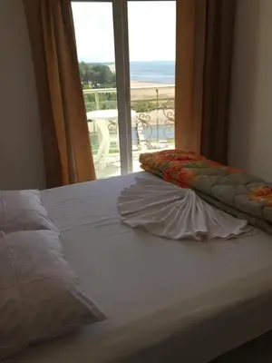 a bedroom with a bed with a view of the ocean at Blue Dream in Ulcinj