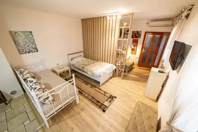 a small room with two beds and a television at Old Street in Podgorica