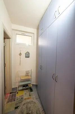 a hallway with a large white cabinet and a rug at Old Street in Podgorica
