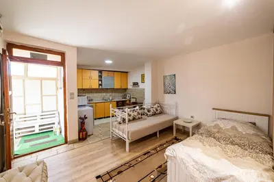 a living room with a bed and a kitchen at Old Street in Podgorica