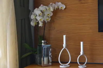 two candles and a vase with flowers on a table at New Chill and Go Apartments in Budva