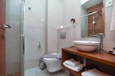 a bathroom with a sink and a toilet and a shower at New Chill and Go Apartments in Budva