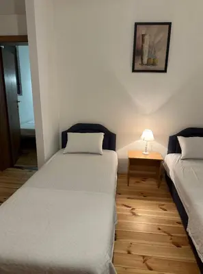 a bedroom with two beds and a table with a lamp at Themis Apartment in Kotor